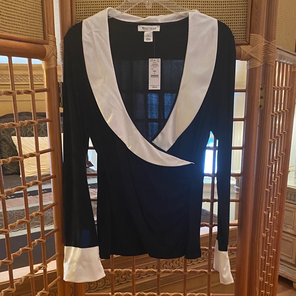 White House Black Market Black Top with Cream Accents